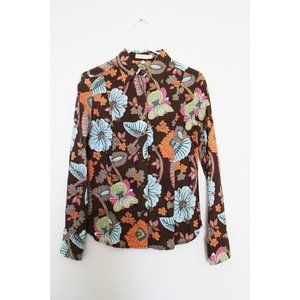Floral Brown Orange Long Sleeve Collar Shirt XS
